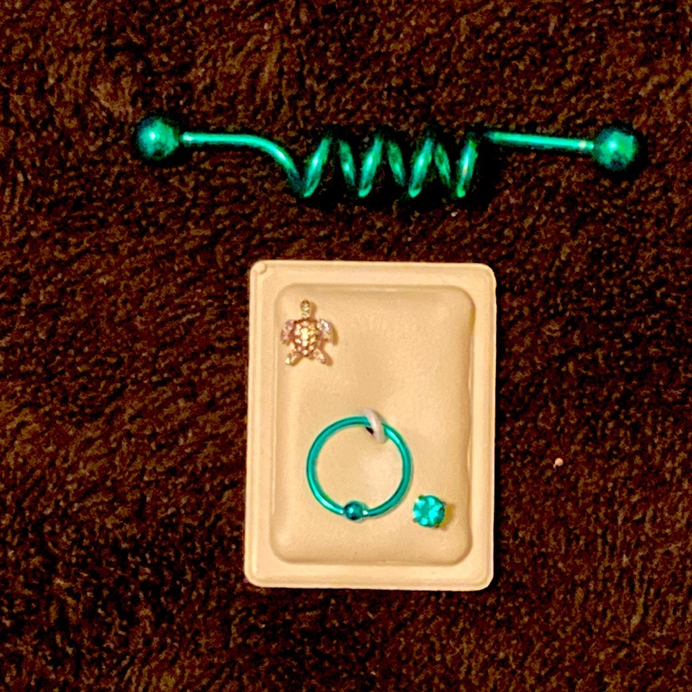 New Teal 🌀Spiral Industrial Bar, Crystal, Teal Hoop & Sea Turtle Earrings Combo